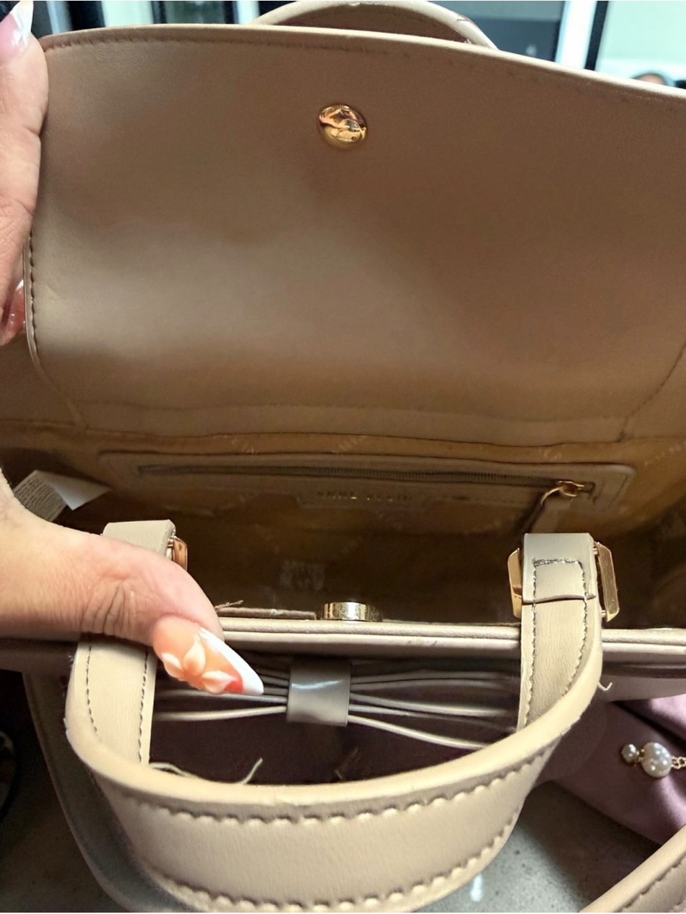 Anne Klein Beige Bow-Accent Top-Handle Bag - Picture 5 of 7
